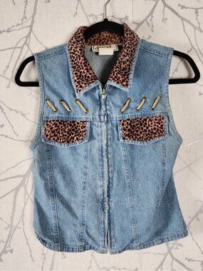 D. Frank Leopard Print Velvet Panel Full Zip Denim Vest